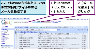 1「filename:（.doc OR .xls）」と入力,2［メールを検索］をクリック,ここではWord形式またはExcel形式の添付ファイルがあるメールを検索する