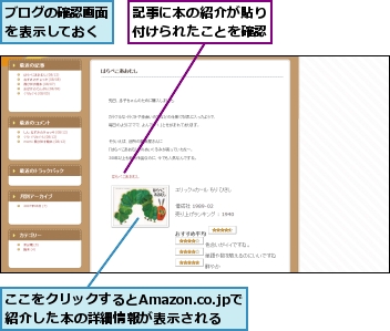 ここをクリックするとAmazon.co.jpで紹介した本の詳細情報が表示される,ブログの確認画面を表示しておく,記事に本の紹介が貼り付けられたことを確認
