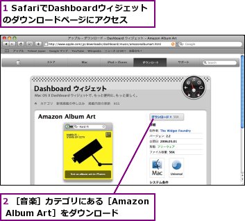 1 SafariでDashboardウィジェットのダウンロードページにアクセス,2 ［音楽］カテゴリにある［Amazon Album Art］をダウンロード