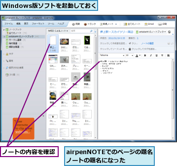 Windows版ソフトを起動しておく,airpenNOTEでのページの題名がノートの題名になった,ノートの内容を確認