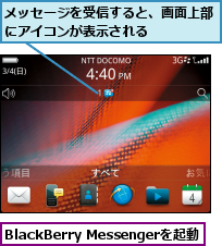 BlackBerry Messengerを起動,メッセージを受信すると、画面上部にアイコンが表示される　　　　