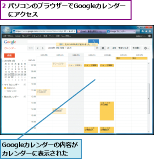 2 パソコンのブラウザーでGoogleカレンダー　にアクセス　　　　　　　　　　　　　,Googleカレンダーの内容がカレンダーに表示された