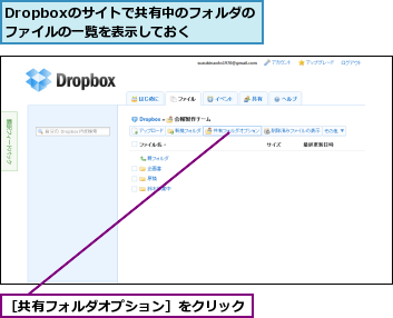 Dropboxのサイトで共有中のフォルダのファイルの一覧を表示しておく,［共有フォルダオプション］をクリック