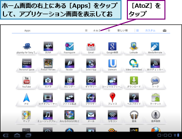 ホーム画面の右上にある［Apps］をタップして、アプリケーション画面を表示しておく,［AtoZ］をタップ