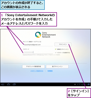 1 「Sony Entertainment Networkのアカウントを作成」の手順2で入力した　　　メールアドレスとパスワードを入力　　　,2［サインイン］をタップ　　　,アカウントの作成が終了すると、この画面が表示される　　　　