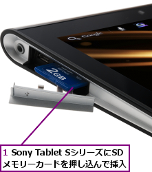 1 Sony Tablet SシリーズにSDメモリーカードを押し込んで挿入