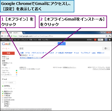1［オフライン］をクリック　　　　,2［オフラインGmailをインストール］をクリック　　　　　　　　　,Google ChromeでGmailにアクセスし、［設定］を表示しておく　　　　　　　