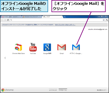 オフラインGoogle Mailの　インストールが完了した　　,［オフラインGoogle Mail］をクリック　　　　　　　