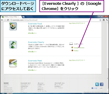ダウンロードページにアクセスしておく,［Evernote Clearly ］の［Google Chrome］をクリック