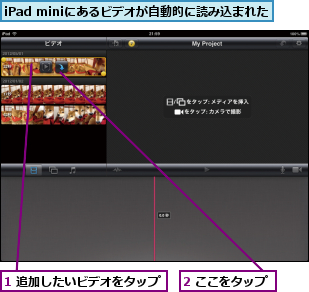 1 追加したいビデオをタップ,2 ここをタップ,iPad miniにあるビデオが自動的に読み込まれた