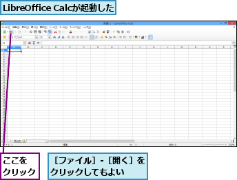 LibreOffice Calcが起動した,ここを　クリック,［ファイル］-［開く］をクリックしてもよい  