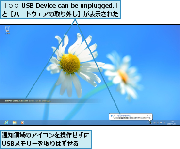 通知領域のアイコンを操作せずにUSBメモリーを取りはずせる,［○○ USB Device can be unplugged.］と［ハードウェアの取り外し］が表示された  