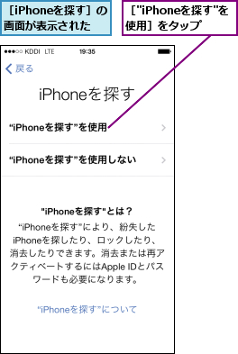 ［"iPhoneを探す"を使用］をタップ,［iPhoneを探す］の画面が表示された