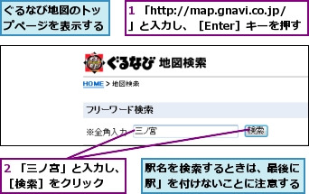 1 「http://map.gnavi.co.jp/」と入力し、［Enter］キーを押す,2 「三ノ宮」と入力し、［検索］をクリック,ぐるなび地図のトップページを表示する,駅名を検索するときは、最後に「駅」を付けないことに注意する