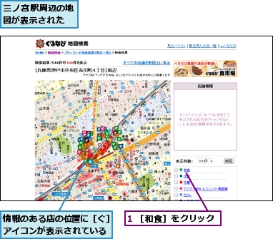1 ［和食］をクリック,三ノ宮駅周辺の地図が表示された,情報のある店の位置に［ぐ］アイコンが表示されている
