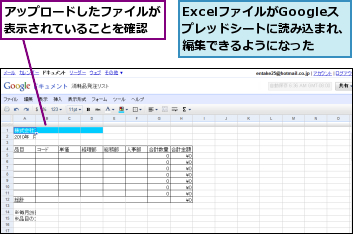ExcelファイルがGoogleスプレッドシートに読み込まれ、編集できるようになった,アップロードしたファイルが表示されていることを確認