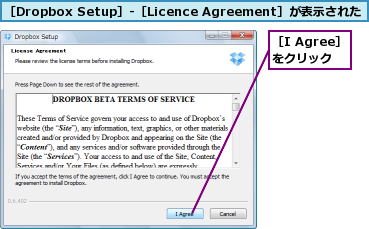 ［Dropbox Setup］-［Licence Agreement］が表示された,［I Agree］をクリック