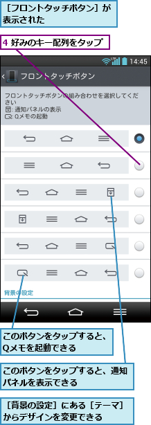 4 好みのキー配列をタップ,このボタンをタップすると、Qメモを起動できる   ,このボタンをタップすると、通知パネルを表示できる      ,［フロントタッチボタン］が表示された        ,［背景の設定］にある［テーマ］からデザインを変更できる   