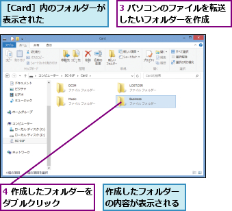3 パソコンのファイルを転送したいフォルダーを作成  ,4 作成したフォルダーをダブルクリック    ,作成したフォルダーの内容が表示される,［Card］内のフォルダーが表示された    