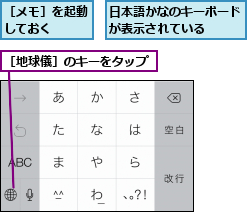 日本語かなのキーボードが表示されている  ,［メモ］を起動　　　しておく      ,［地球儀］のキーをタップ