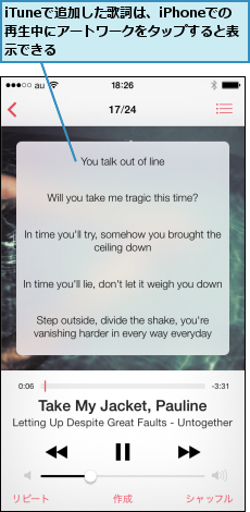 iTuneで追加した歌詞は、iPhoneでの再生中にアートワークをタップすると表示できる