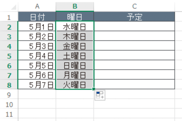 Excelで「月曜日」から「日曜日」までの連続データを簡単に入力する方法