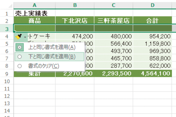 Excelの表に、下の行と同じ書式の行を挿入する方法