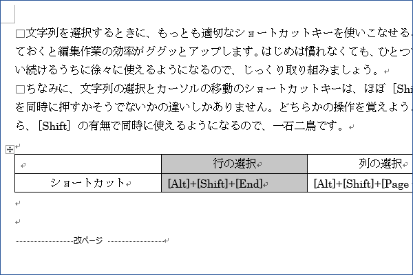 ショートカットキーで表で列を選択する