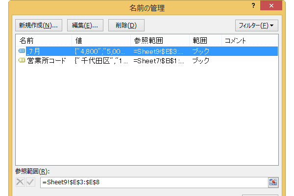 ショートカットキーでセル範囲の名前を編集する