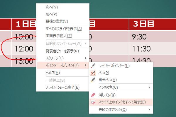 ショートカットキーでスライドショーの書き込みを消去する