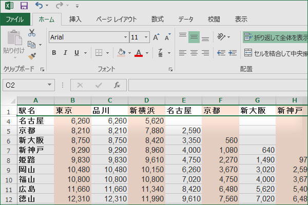 ショートカットキーで行、列を非表示にする