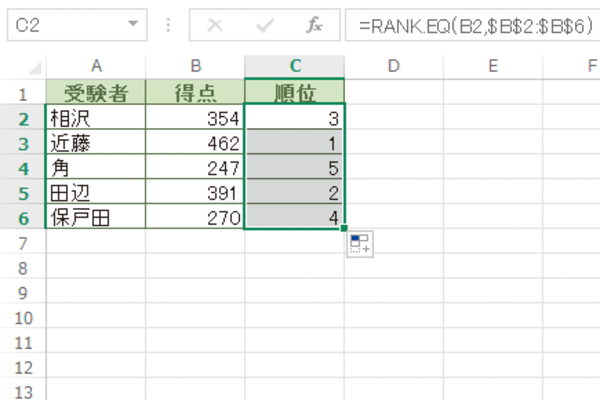 Excelで選択した範囲のデータの順位を求める方法