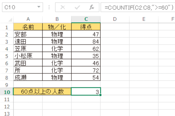 Excel関数で「○以上」の条件を満たすデータを数える方法