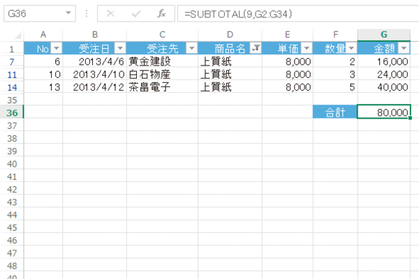 Excelのオートフィルターの抽出結果に連動して合計値を求める方法