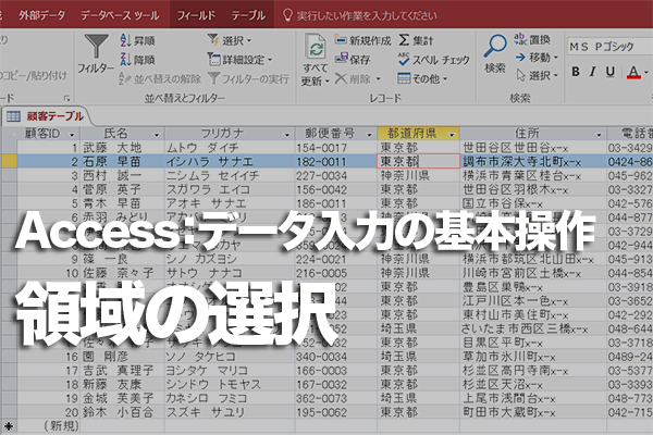 Accessのテーブルでレコードやフィールド、セルを選択する方法