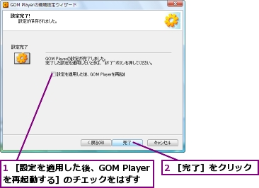 1 ［設定を適用した後、GOM Playerを再起動する］のチェックをはずす,2 ［完了］をクリック