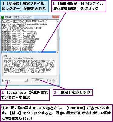 1 ［機種別設定：MP4ファイル,iPod向け設定］をクリック,2 ［Japanese］が選択されていることを確認,3 ［設定］をクリック,注意 既に別の設定をしているときは、［Confirm］が表示されます。［はい］をクリックすると、既存の設定が削除され新しい設定に置き換えられます,［「変換君」設定ファイルセレクター］が表示された
