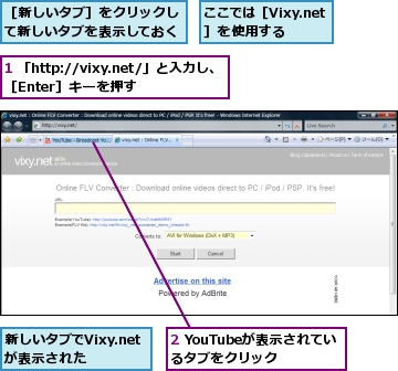 1 「http://vixy.net/」と入力し、［Enter］キーを押す,2 YouTubeが表示されているタブをクリック,ここでは［Vixy.net］を使用する,新しいタブでVixy.netが表示された,［新しいタブ］をクリックして新しいタブを表示しておく