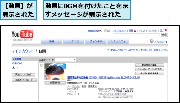 動画にBGMを付けたことを示すメッセージが表示された,［動画］が表示された