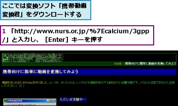 1 「http://www.nurs.or.jp/%7Ecalcium/3gpp/」と入力し、［Enter］キーを押す,ここでは変換ソフト「携帯動画変換君」をダウンロードする