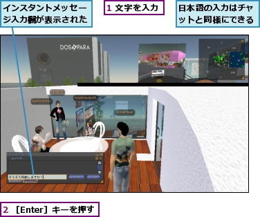 1 文字を入力,2 ［Enter］キーを押す,インスタントメッセージ入力欄が表示された,日本語の入力はチャットと同様にできる