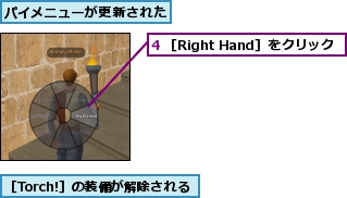4 ［Right Hand］をクリック,パイメニューが更新された,［Torch!］の装備が解除される