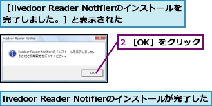 2 ［OK］をクリック,livedoor Reader Notifierのインストールが完了した,［livedoor Reader Notifierのインストールを完了しました。］と表示された
