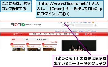 「http://www.flipclip.net/」と入力し、［Enter］キーを押してFlipClipにログインしておく,ここからは、パソコンで操作する,［ようこそ！］の右側に表示されているユーザー名をクリック