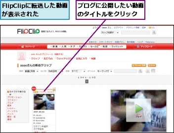 FlipClipに転送した動画が表示された,ブログに公開したい動画のタイトルをクリック