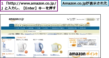 1 「http://www.amazon.co.jp/」と入力し、［Enter］キーを押す,Amazon.co.jpが表示された