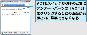 VOTEスイッチがOFFのときにアンケートパーツの［VOTE］をクリックするとこの画面が表示され、投票できなくなる