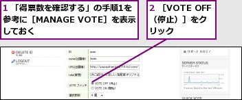 1 「得票数を確認する」の手順1を参考に［MANAGE VOTE］を表示しておく,2 ［VOTE OFF（停止）］をクリック