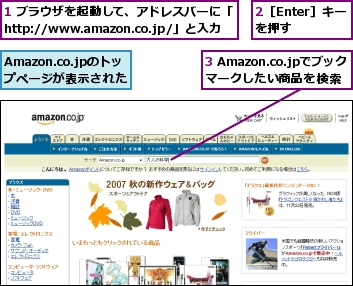 1 ブラウザを起動して、アドレスバーに「http://www.amazon.co.jp/」と入力,2［Enter］キーを押す,3 Amazon.co.jpでブックマークしたい商品を検索,Amazon.co.jpのトップページが表示された