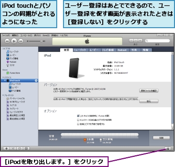 iPod touchとパソコンの同期がとれるようになった,ユーザー登録はあとでできるので、ユーザー登録を促す画面が表示されたときは［登録しない］をクリックする,［iPodを取り出します。］をクリック